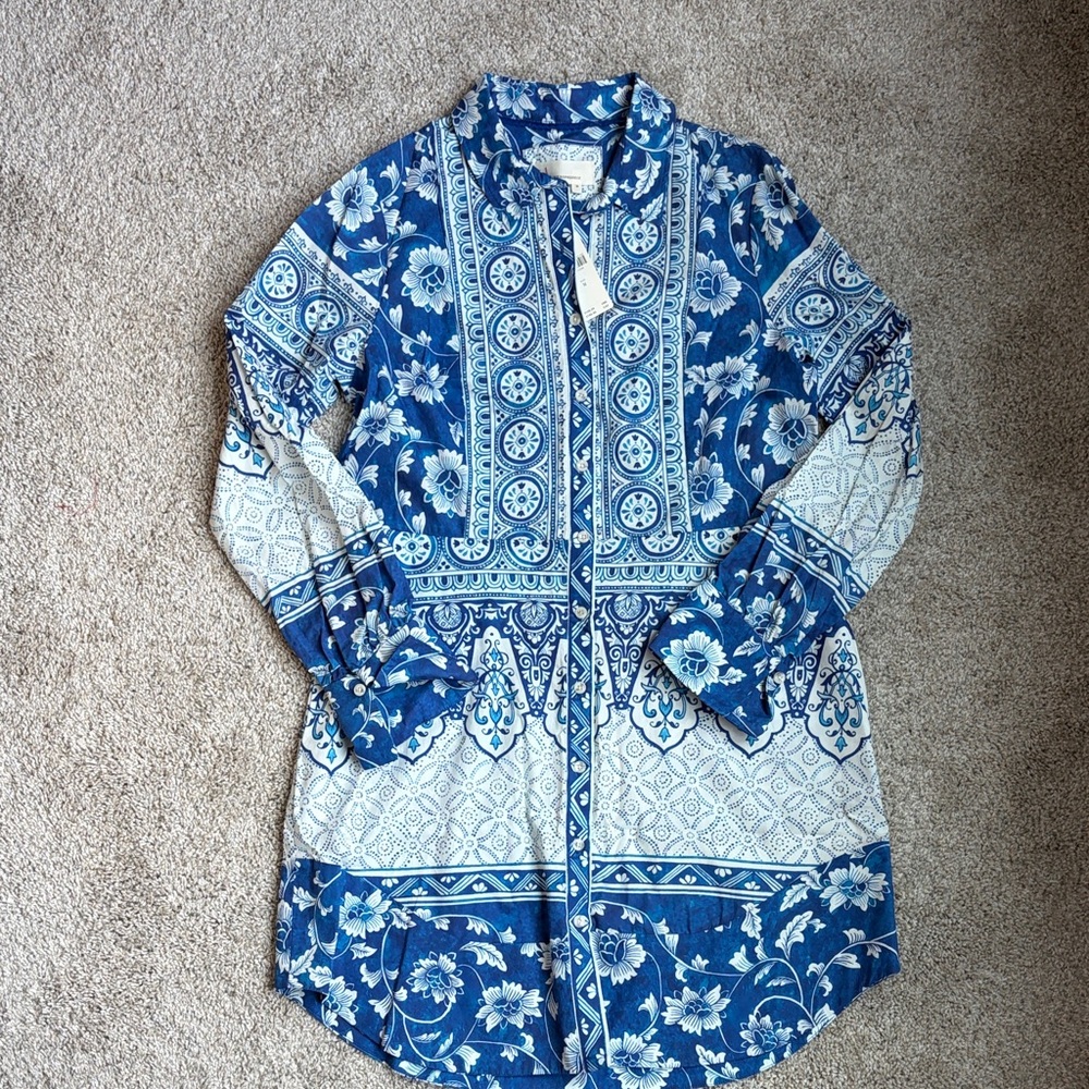 Anthropologie Blue and White Long Sleeve Printed Shirt Dress